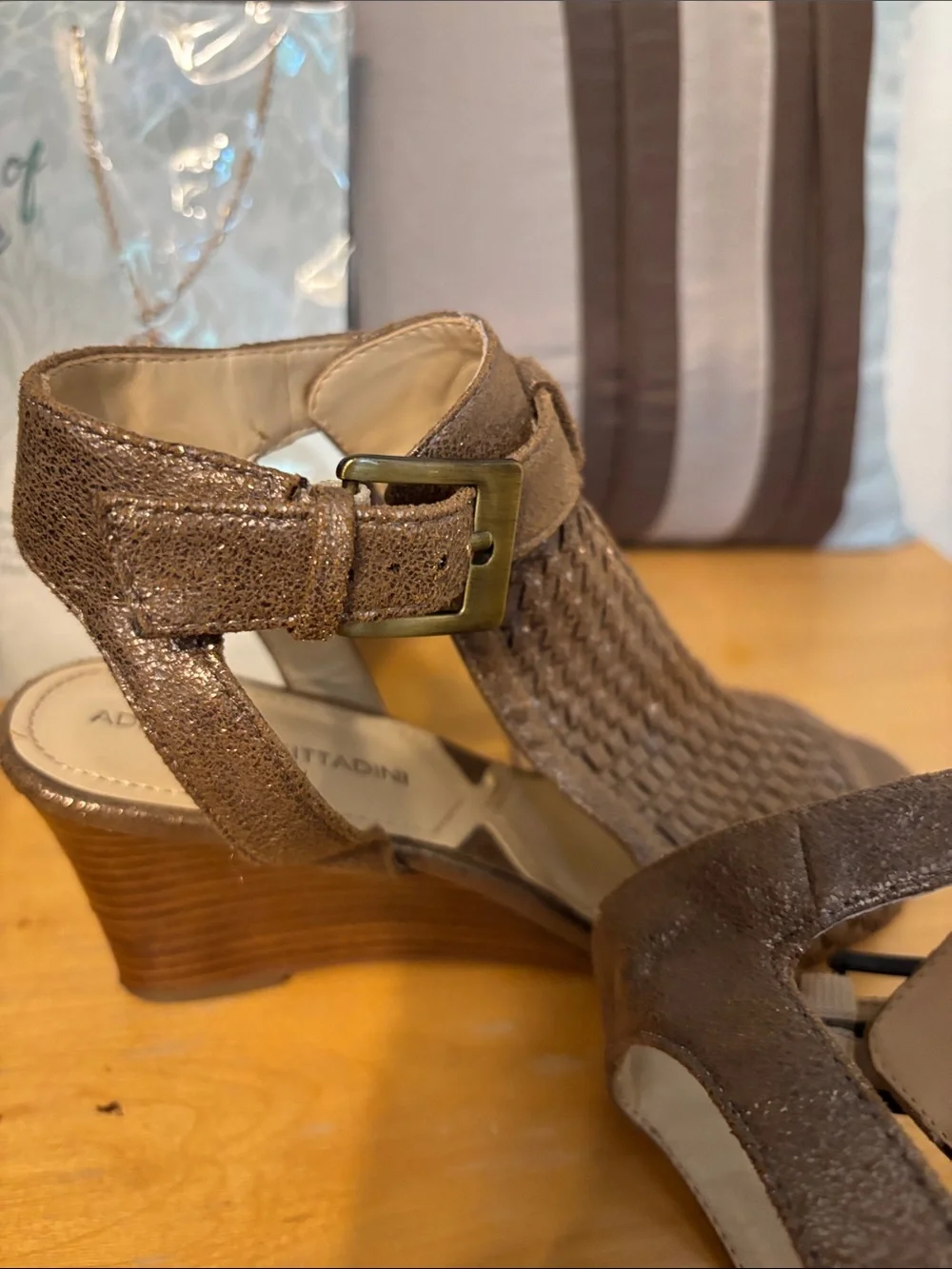 Adrienne Vittadini Metallic Bronze Woven Peep-Toe Wedges